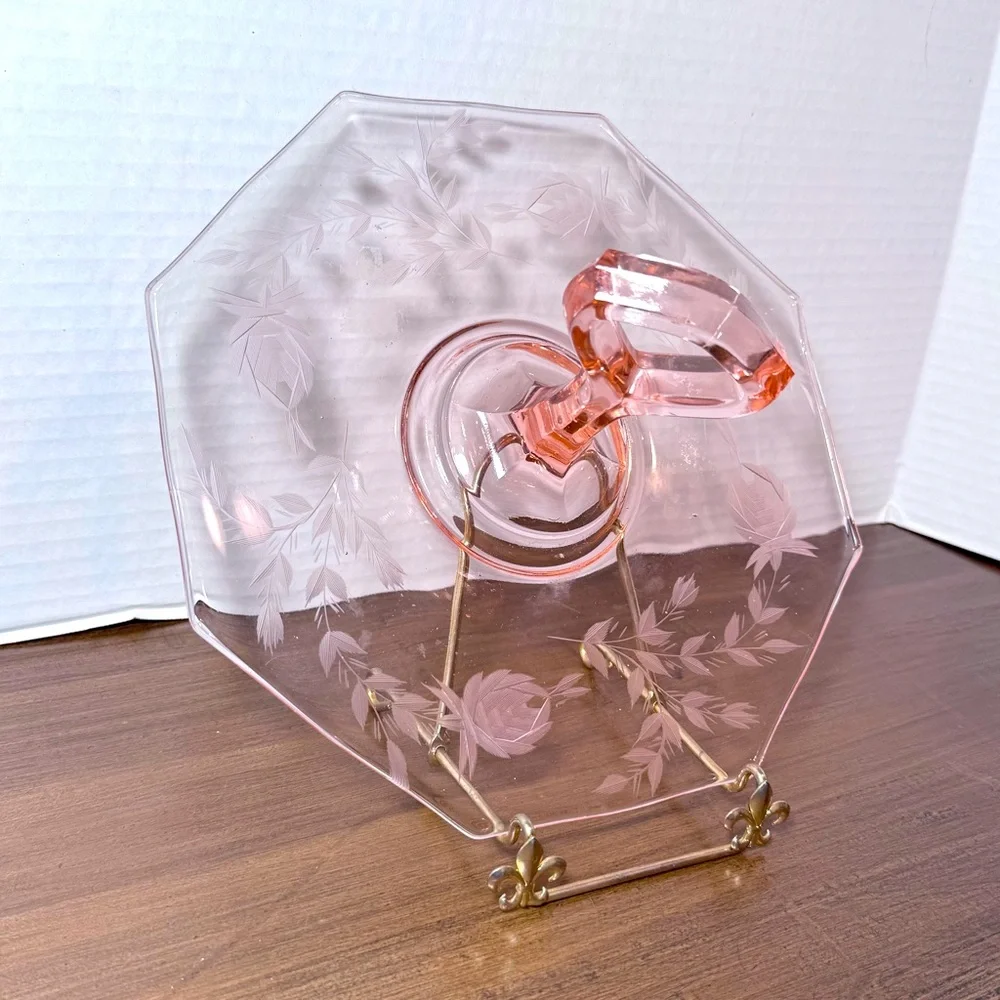 Vintage Pink Depression Glass Sandwich Server Dessert Tray Curved Handle -No Dmg